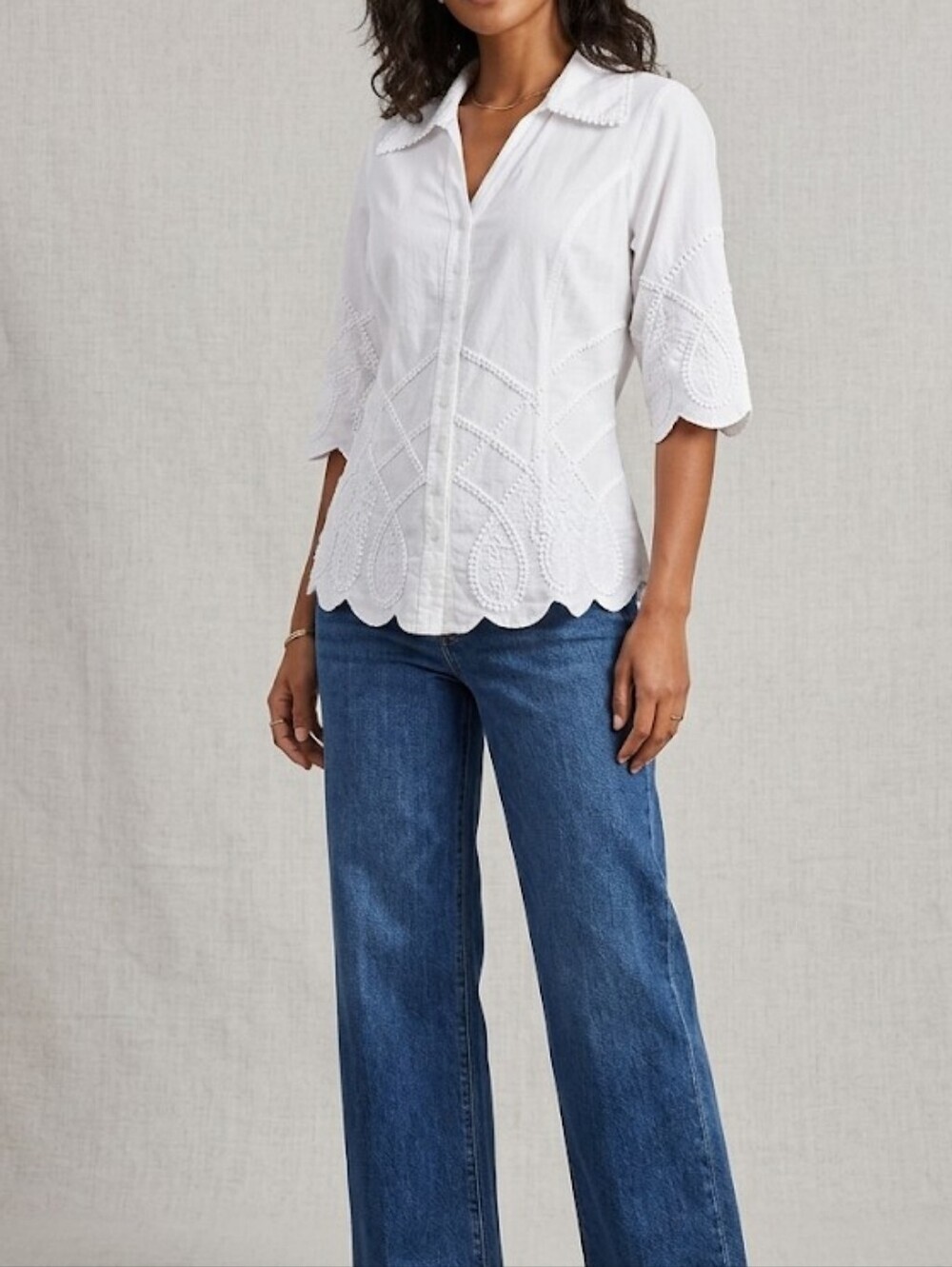 Inca Cottons Women's White Embroidered Button-Down Shirt - Classic Collar Size L